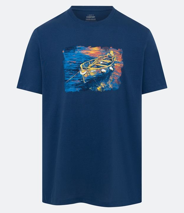 Camiseta Comfort em Meia Malha com Estampa Sea Worker Azul 1