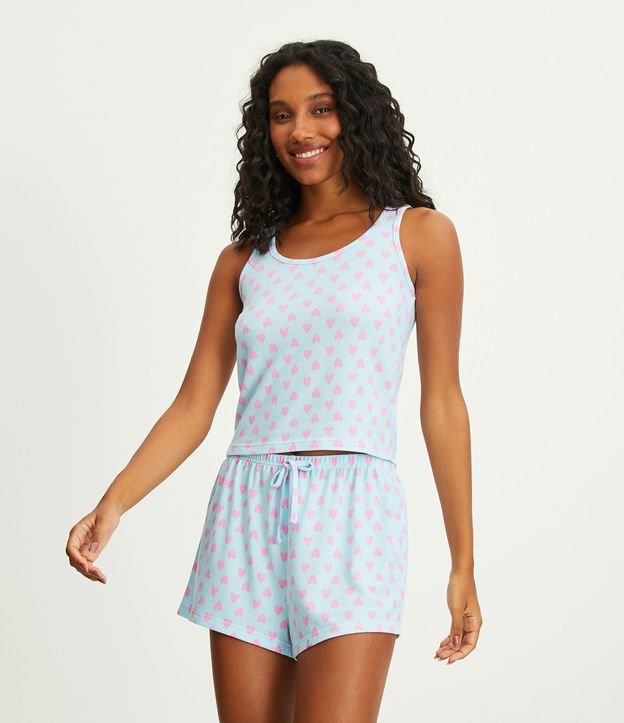 Pijama Short Doll com Blusa Regata e Short Cós Elástico Estampa Corações Azul 1