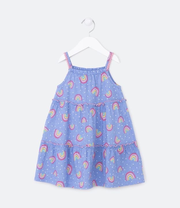 Vestido Marias Infantil com Mini Pompons na Alça e Estampa Arco-íris - Tam 1 a 5 Anos