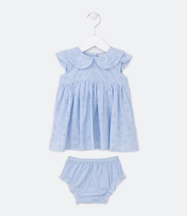 Vestido Infantil em Laise com Bordados e Gola Boneca Acompanha Calcinha - Tam 0 a 18 Meses