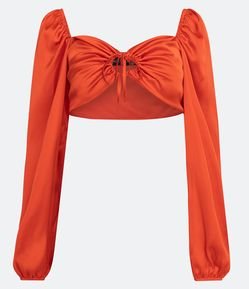 Blusa Cropped em Crepe com Detalhe Franzido e Amarração Frontal