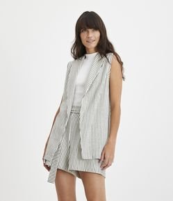 Colete Alongado Listrado com Fendas e Amarração na Cintura