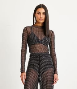 Blusa Cropped em Tule com Golinha Alta e Brilhos Furta Cor