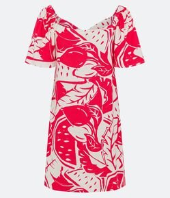 Vestido Curto em Linho com Manga Ampla e Estampa de Frutas