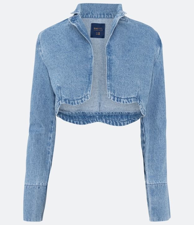 Jaqueta Cropped em Jeans com Punho Largo e Barra Ondulada Azul 5