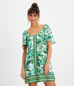 Vestido Curto em Linho com Manga Ampa e Estampa Folhagem Tropical