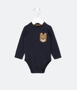 Body Infantil em Cotton com Orelhinhas e Estampa de Urso no Bolsinho - Tam 0 a 18 meses