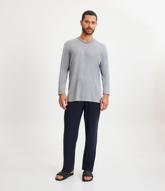 Pijama Longo Básico em Poliviscose com Friso Contrastante Cinza/ Azul 2