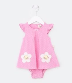 Vestido Body Infantil com Estampa Poá e Bordado de Margarida nos Bolsos - Tam 0 a 18 meses