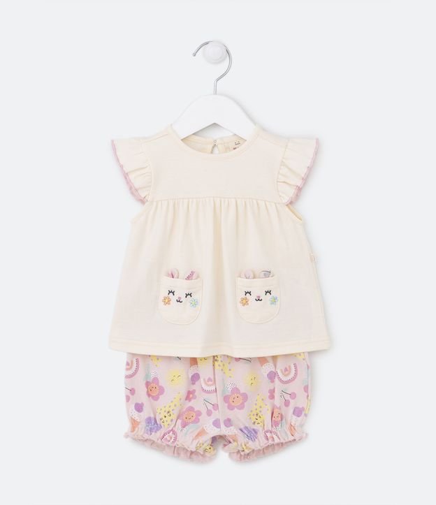 Conjunto Infantil com Batinha Estampada de Bichinhos e Short - Tam 0 a 18 meses