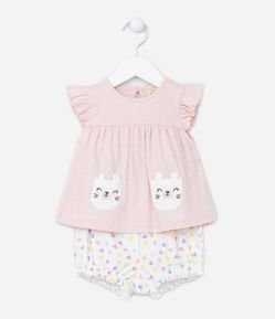 Conjunto Infantil Poá com Estampa com Bolsinhos de Bichinhos - Tam 0 a 18 meses