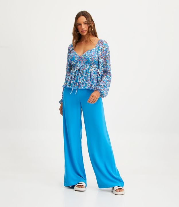 Calça Pantalona em Viscose com Passantes com Corda - Cor: Azul - Tamanho: 38