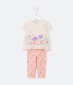 Conjunto Infantil com Babadinho e Estampa de Florzinhas com Organza - Tam 0 a 18 meses