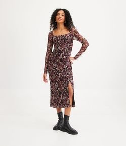 Vestido New Midi em Tule com Transparência na Manga e Estampa Floral
