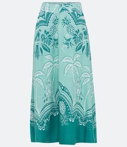 Saia New Midi em Linho com Estampa com Bolsos e Estampa Tropical
