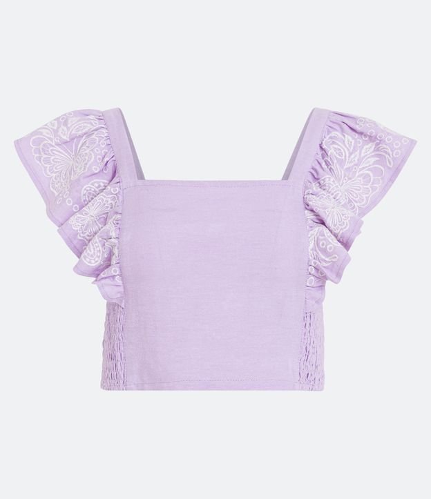 Blusa Cropped en Lino con Volados Bordados de Mariposas Violeta 5