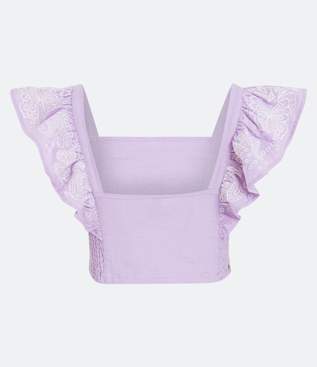 Blusa Cropped en Lino con Volados Bordados de Mariposas Violeta 7
