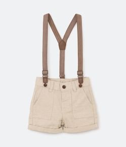 Bermuda Infantil em Linho com Suspensório e Bolsinho Frontal Sobreposto - Tam 0 a 18 meses