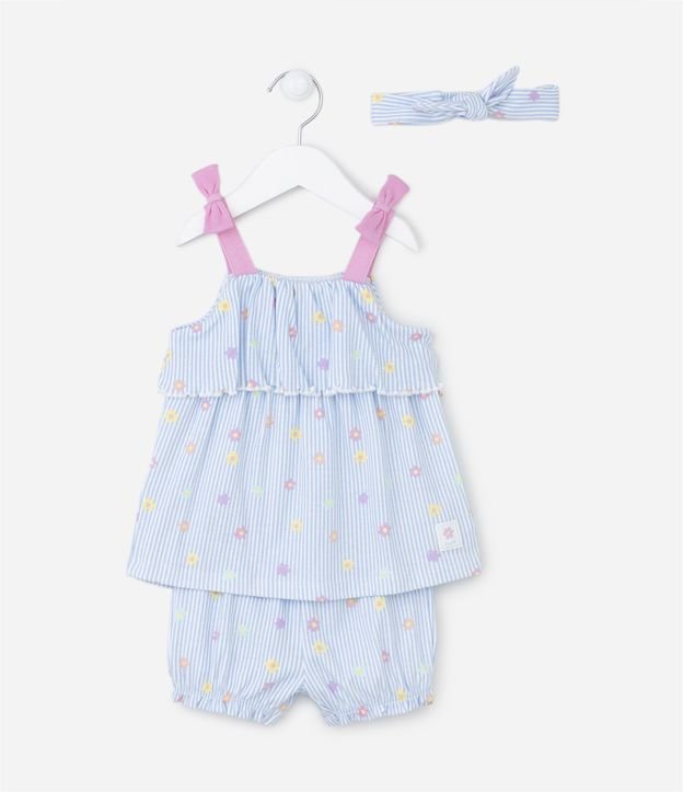 Conjunto Infantil em Suedine Listradinho com Florzinhas e Faixa - Tam 0 a 18 meses