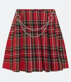 Saia Curta Plissada em Alfaiataria Xadrez com Correntes