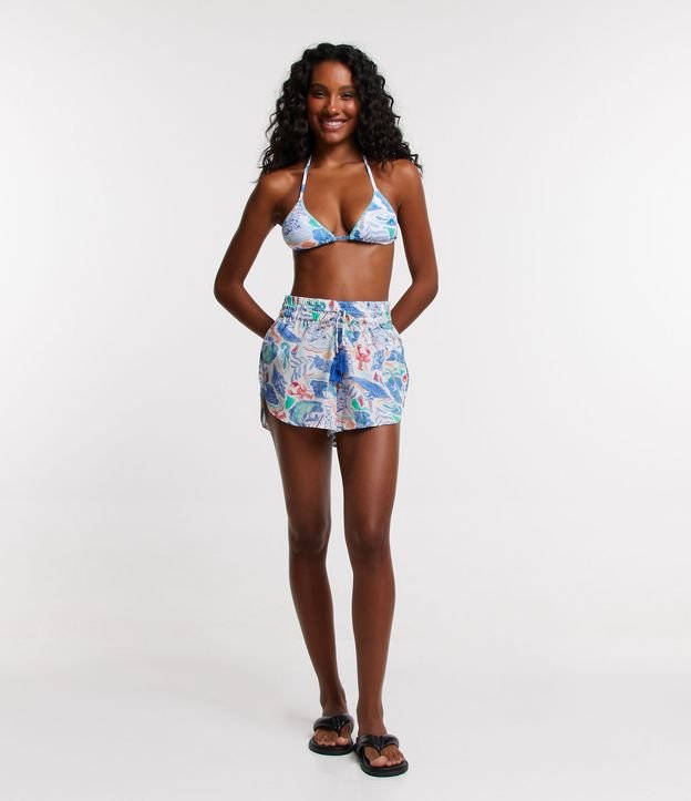 Saída de Praia Short em Chiffon com Amarração Tassel e Estampa Litoral