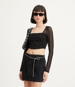 Blusa Cropped Corset em Tule com Manga Longa