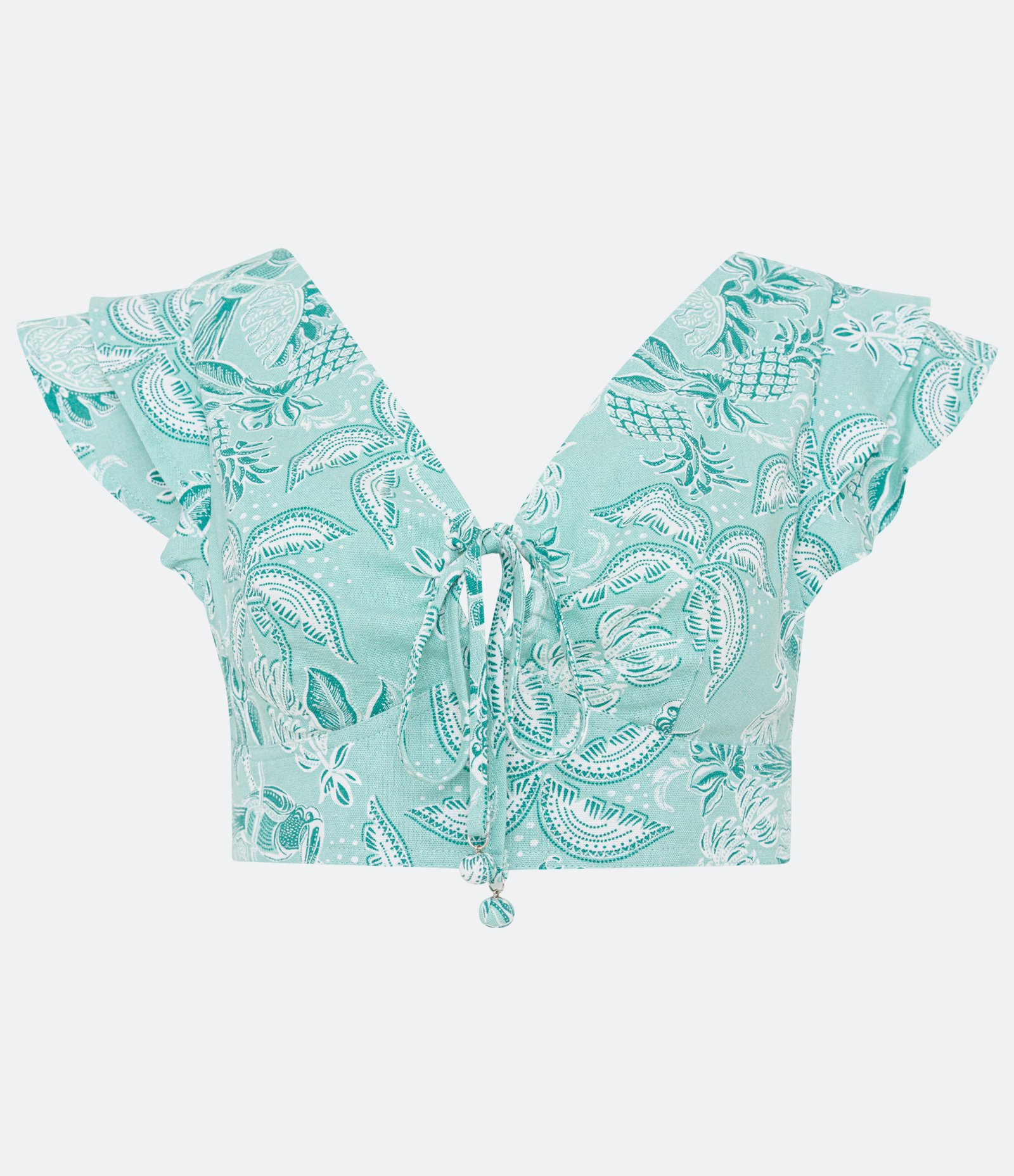 Blusa Cropped em Linho com Estampa Tropical e Babados Verde 1