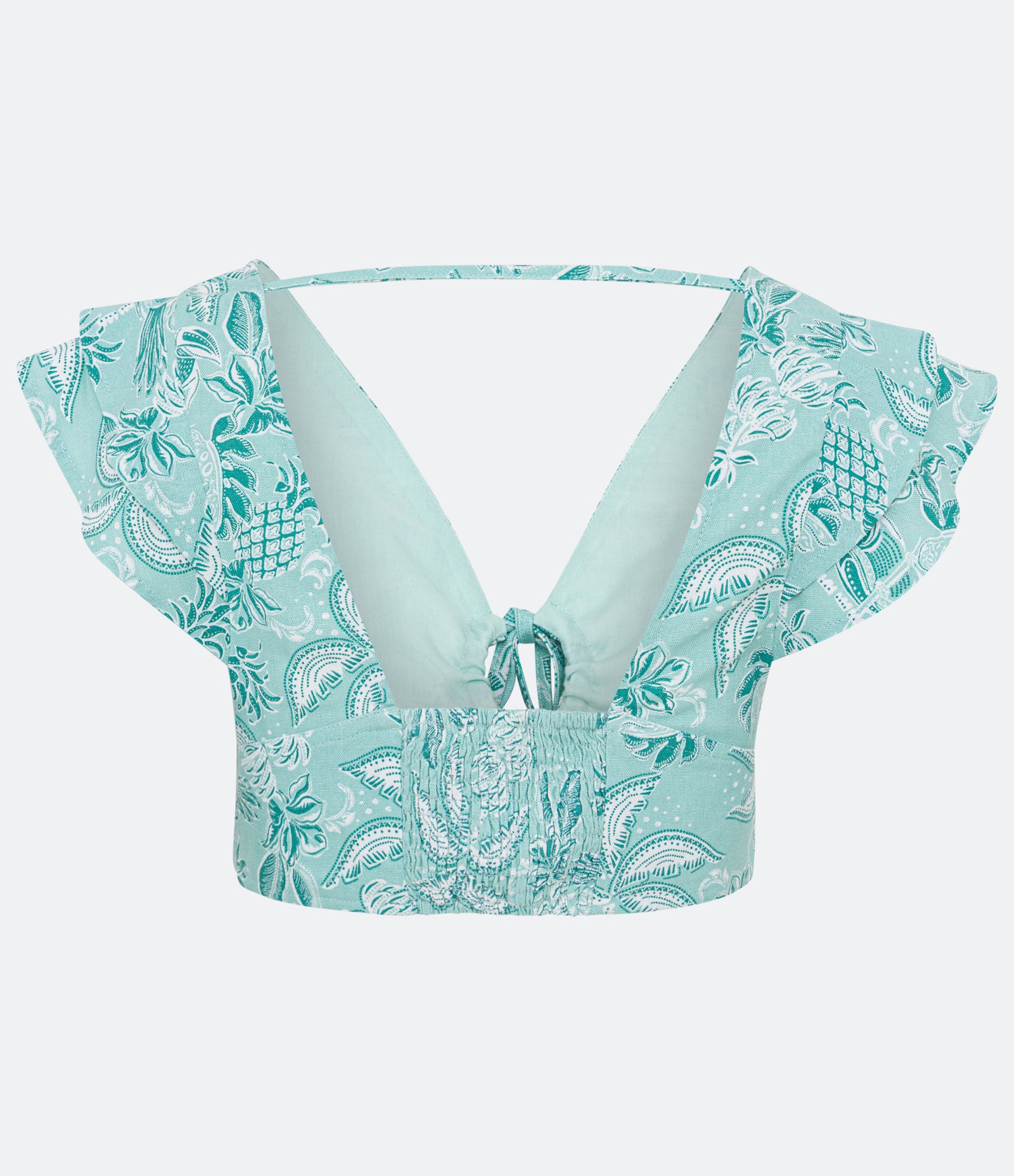 Blusa Cropped em Linho com Estampa Tropical e Babados Verde 2