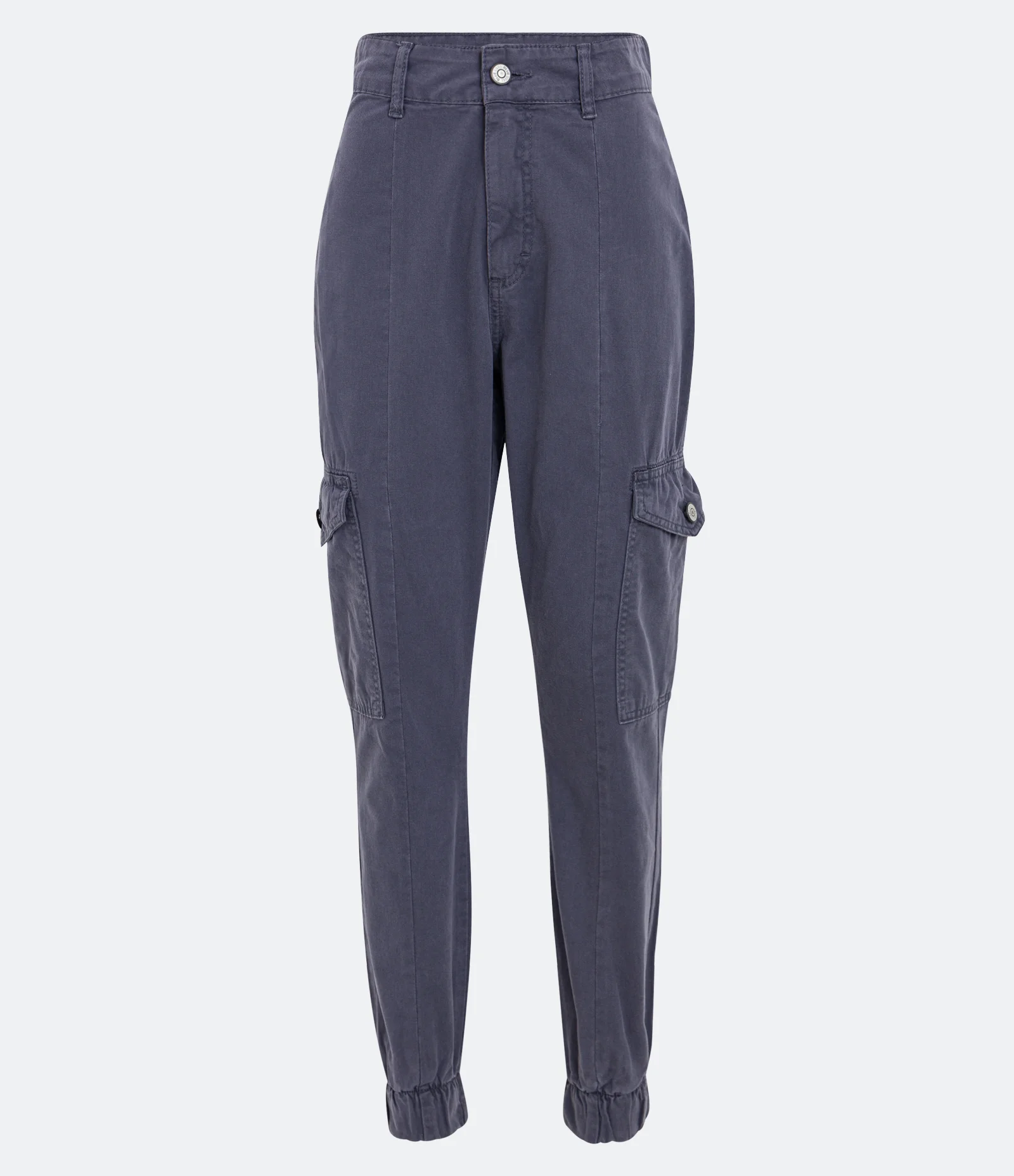 Calça Jogger Cintura Alta em Sarja com Bolsos Cargo Cinza 1