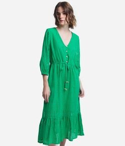Vestido MIdi Manga 7/8 em Laise com Amarração na Cintura