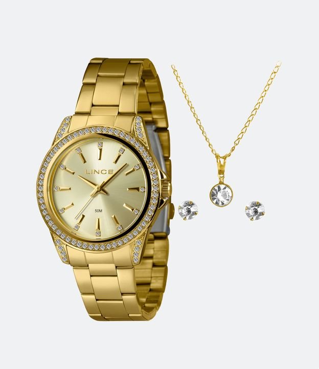 Kit Relógio Lince Feminino Analógico com Pulseira e Caixa em Metal Dourado LRGJ160L40 KATEC1KX - Cor: Dourado - Tamanho: U