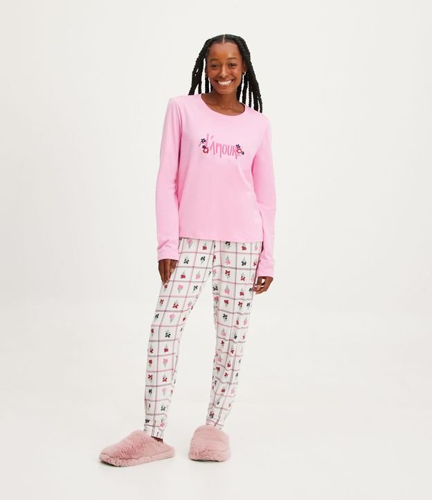 Pijama Longo em Meia Malha com Estampa Floral Grid - Cor: Rosa/ Branco - Tamanho: GG