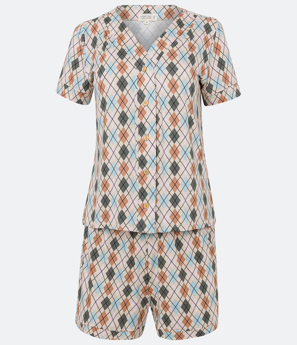 Pijama Longo em Viscolycra com Blusa Manga Curta e Calça Xadrez Pied-de- Poule, Shopping