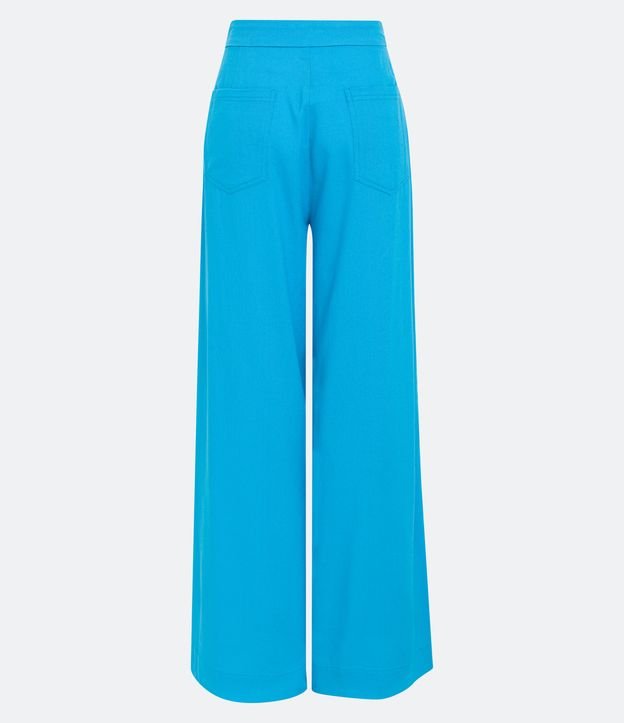 Calça Pantalona em Linho com Bolsos e Botão no Cós Azul 6