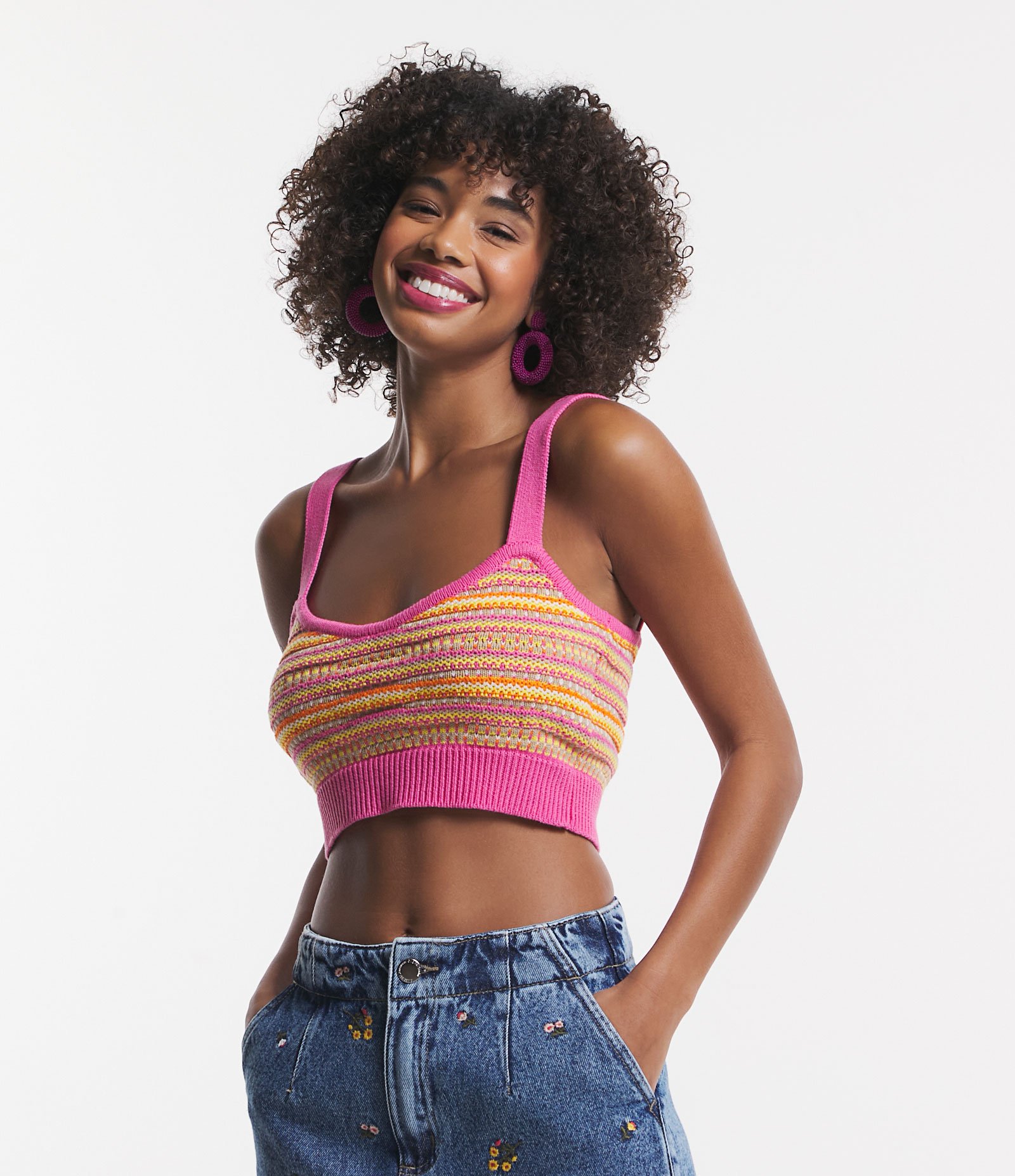 Blusa Cropped de Alça em Tricô Listradinho Rosa 1