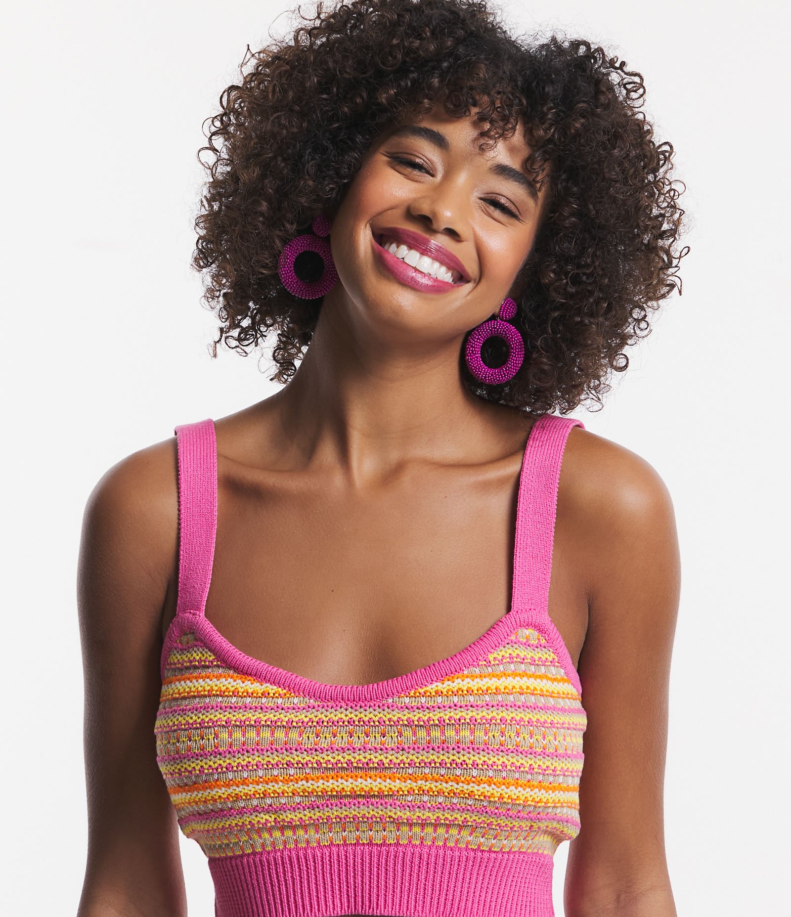 Blusa Cropped de Alça em Tricô Listradinho Rosa 4