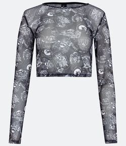 Blusa Cropped em Tule com Estampa Floral e Caveiras