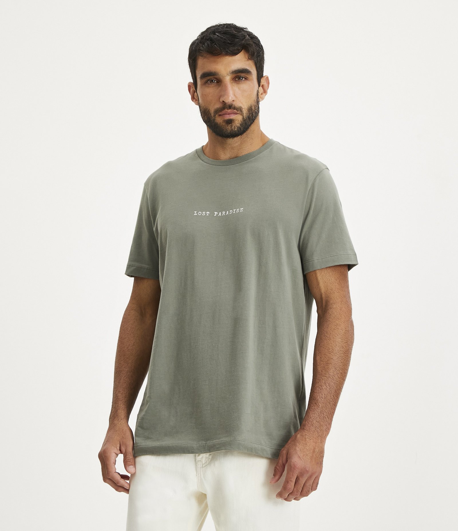 Camiseta Comfort em Meia Malha com Lettering Lost Paradise Verde 1