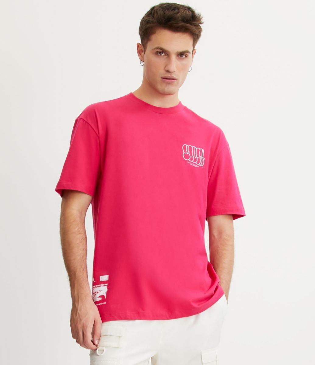 Camiseta Relaxed em Algodão com Lettering em Grafite Rosa