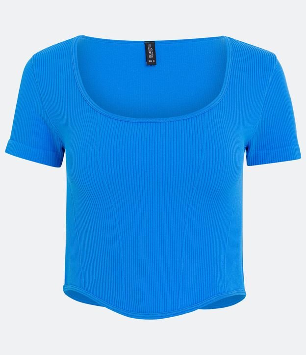 Blusa Cropped em Meia Malha Canelada com Manga Curta Azul 5