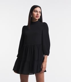 Vestido Curto Manga Longa em Chiffon com Franzidos