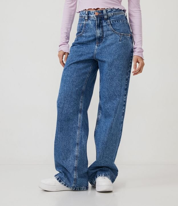 Pantalón Wide Leg Cintura Alta en Jeans con Bolsillos Azul 2