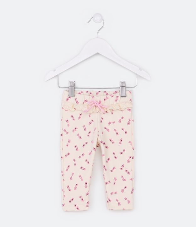 Calça Infantil em Molecotton com Babadinho e Estampa de borboletas - Tam 0 a 18 meses