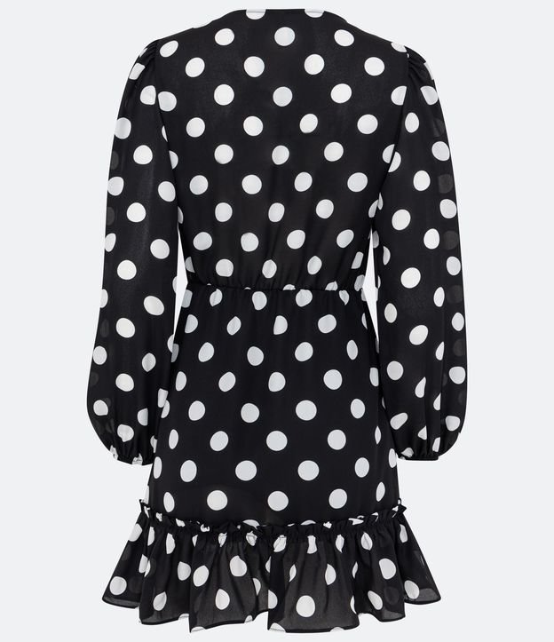Vestido Corto en Crepé con Estampado de Lunares y Volados Negro 6
