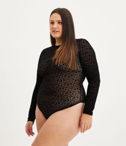Body em Tule com Manga Longa e Estampa Floral Curve & Plus Size