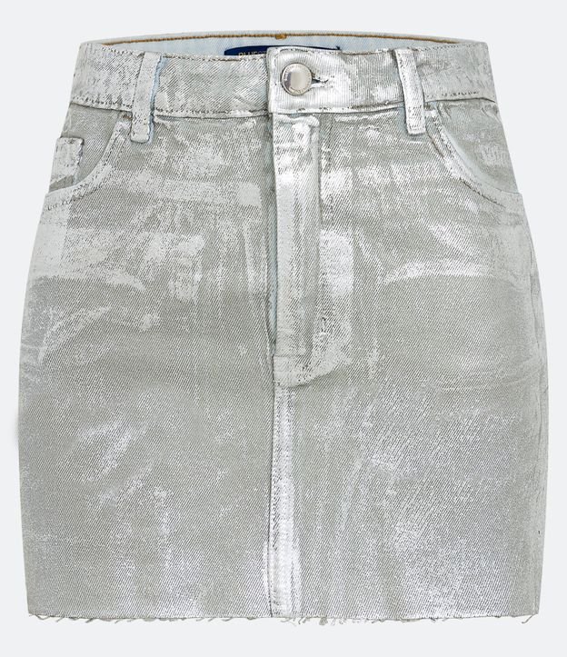Saia Curta Cintura Alta em Jeans com Efeito Prateado - Cor: Prata - Tamanho: 42