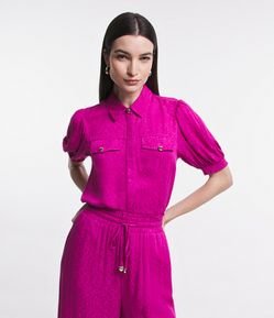 Camisa Manga Curta em Viscose Jacquard com Botões de Coração