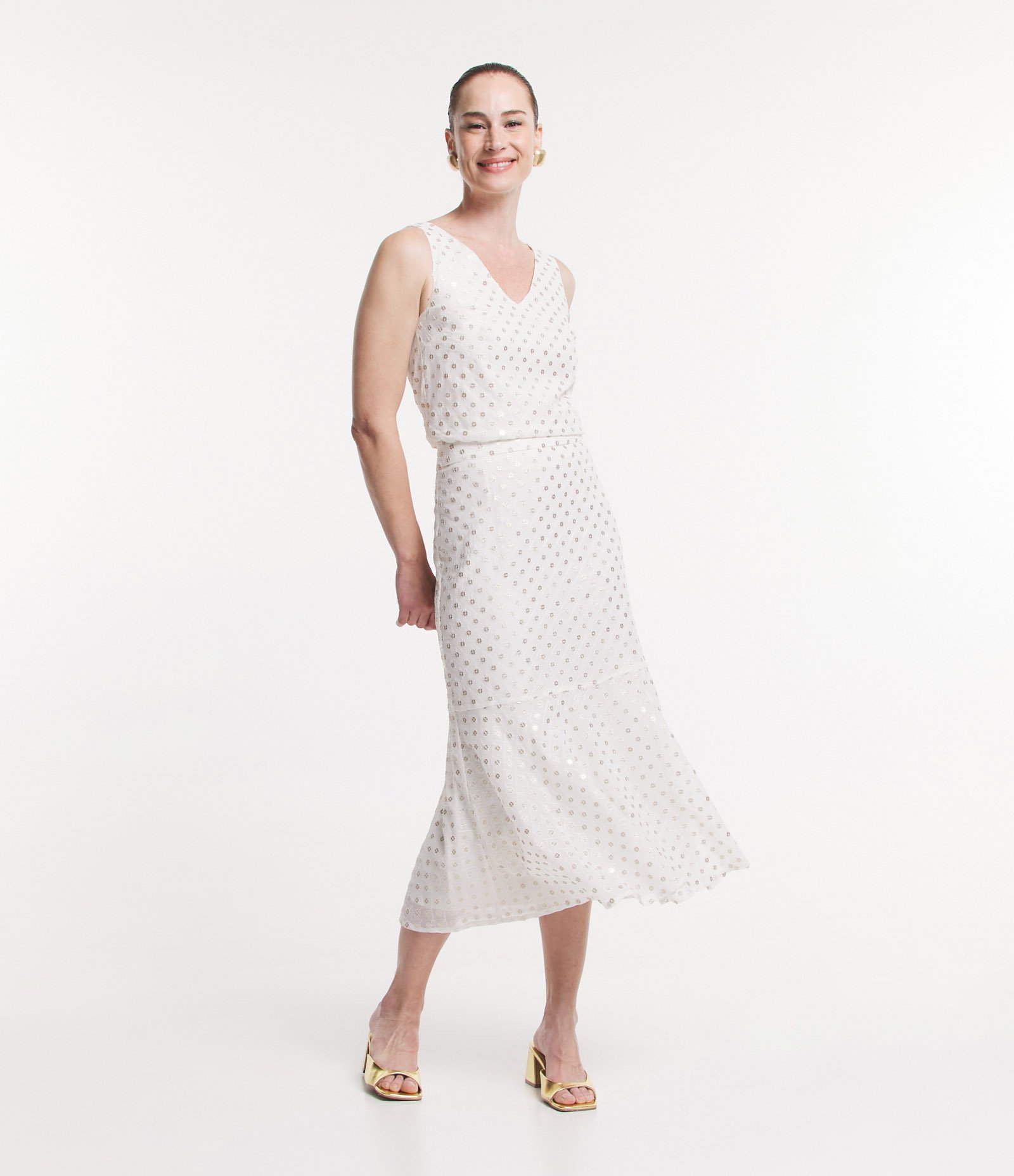 Saia Midi Reta com Bordados de Paetês e Barra Franzida Off White 1