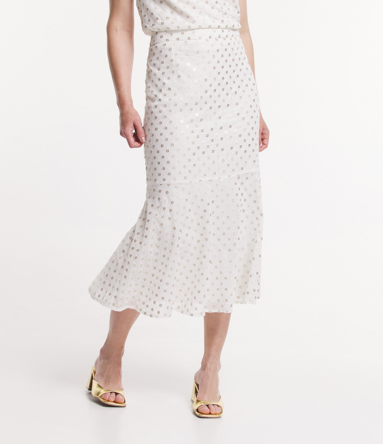 Saia Midi Reta com Bordados de Paetês e Barra Franzida Off White 2