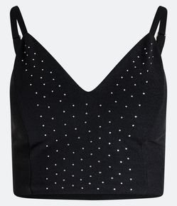 Blusa Cropped de Alça em Crepe com Bolinhas de Strass